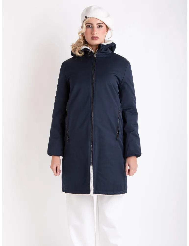 Reversible Navy Blue Parka with White Faux Fur Interior
