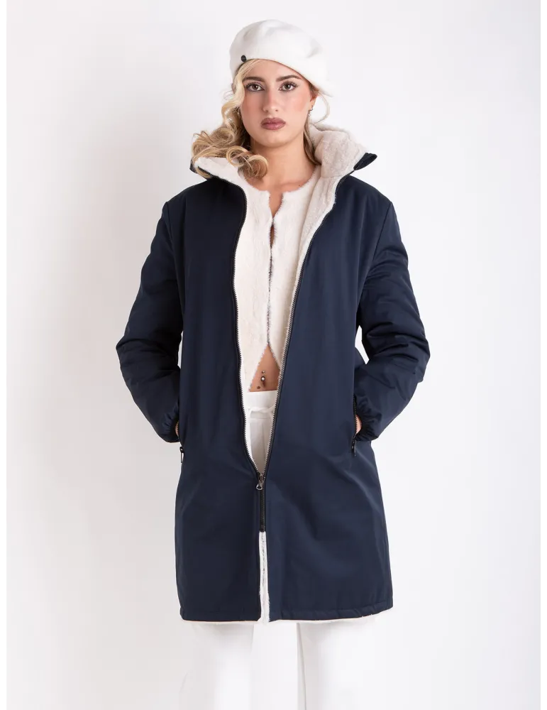 Reversible Navy Blue Parka with White Faux Fur Interior