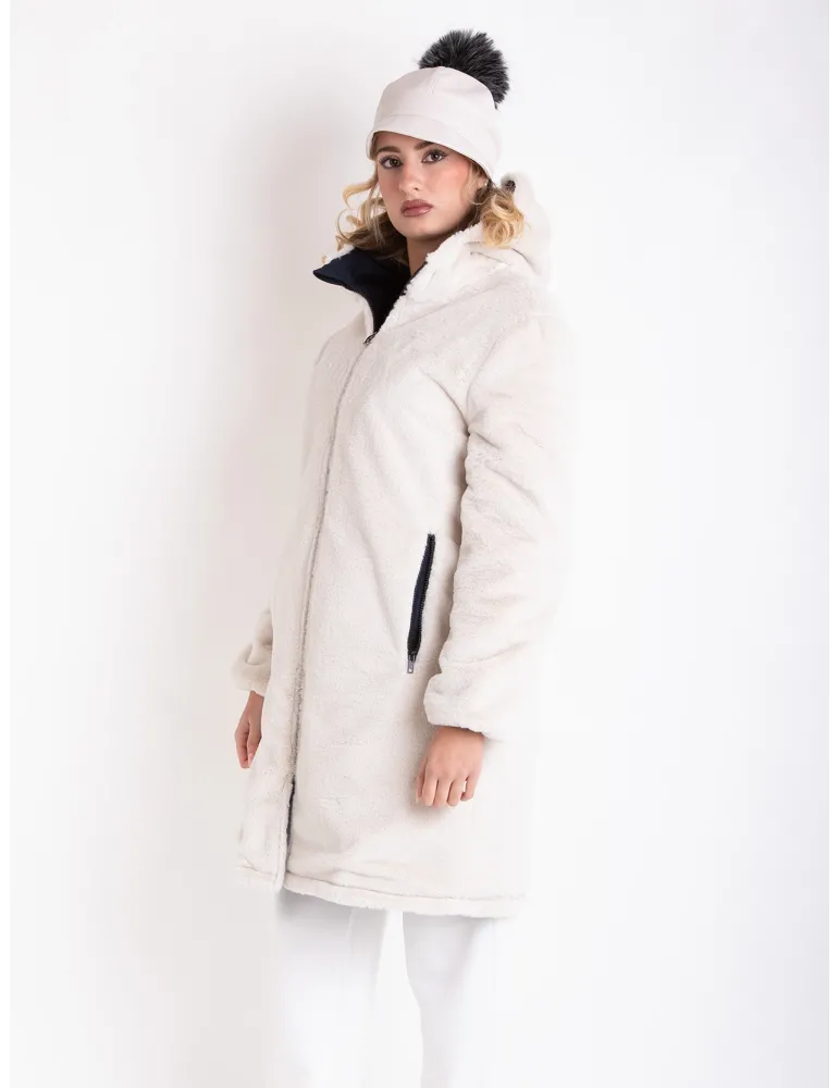 Reversible Navy Blue Parka with White Faux Fur Interior