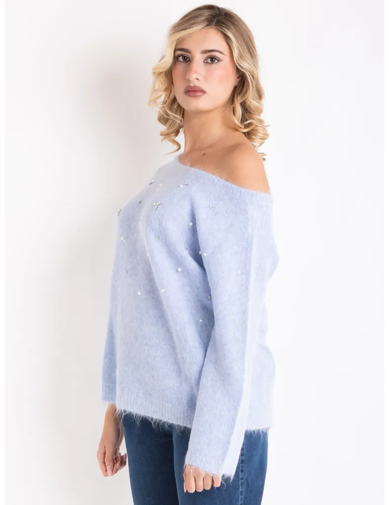 Volpato Italian Luxury Knitwear | Light blue sweater with rhinestones