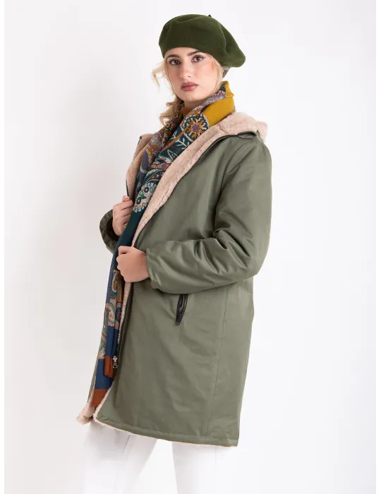 Reversible Military Green Parka with Faux Fur – Elegant Winter Jacket