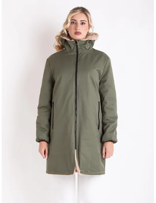 Reversible Military Green Parka with Faux Fur – Elegant Winter Jacket