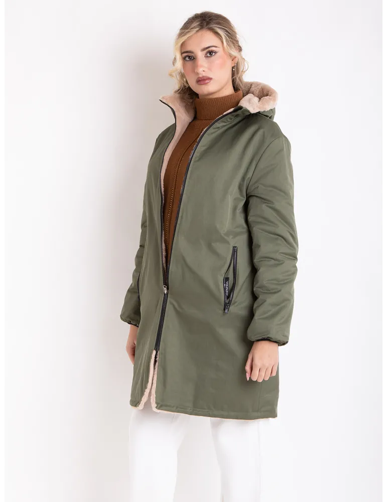 Reversible Military Green Parka with Faux Fur Interior