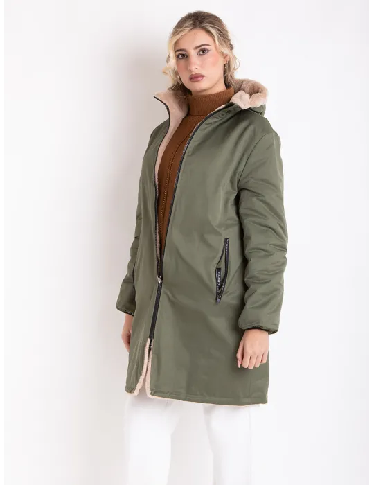 Reversible Military Green Parka with Faux Fur – Elegant Winter Jacket