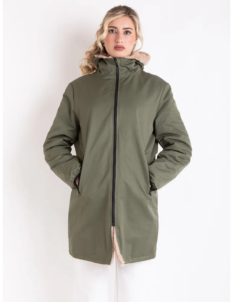 Reversible Military Green Parka with Faux Fur – Elegant Winter Jacket