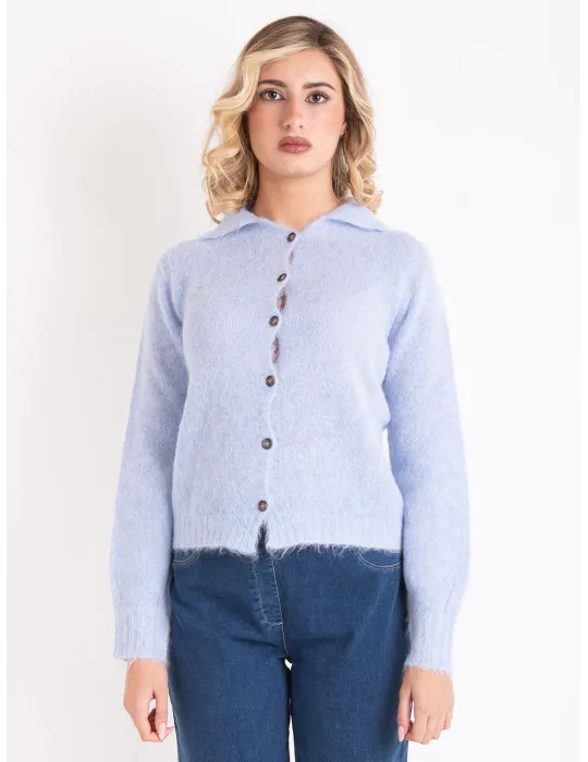Light Blue Alpaca Wool Polo-Collar Knit Cardigan Jacket | Volpato Italy