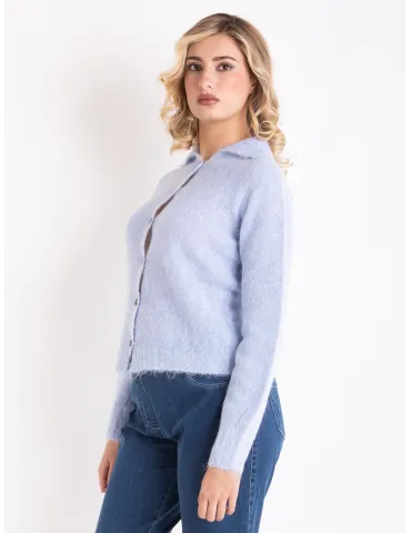 Light Blue Alpaca Wool Polo-Collar Knit Cardigan Jacket 2