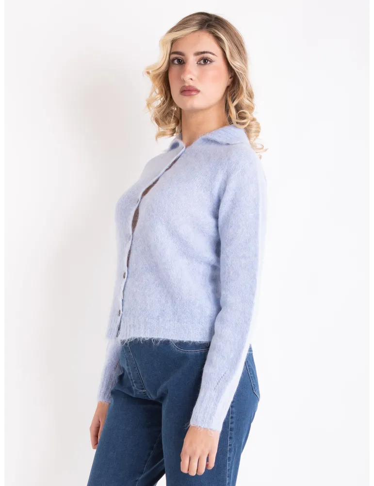 Light Blue Alpaca Wool Polo-Collar Knit Cardigan Jacket | Volpato Italy