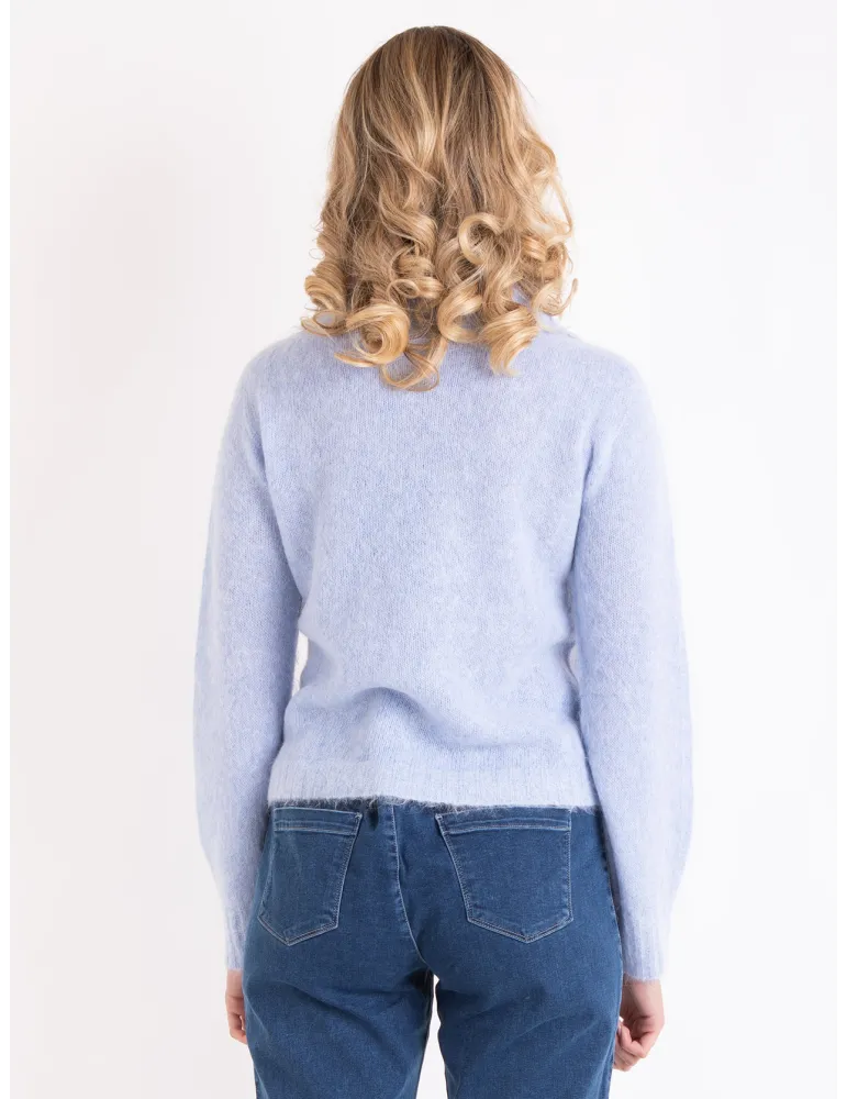 Light Blue Alpaca Wool Polo-Collar Knit Cardigan Jacket