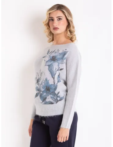 Maglia alpaca grigio perla con stampa fiori azzurri by Volpato 2