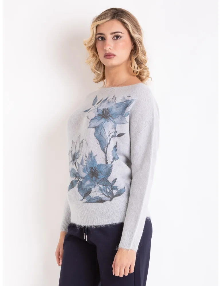 Maglia alpaca grigio perla con stampa fiori azzurri by Volpato