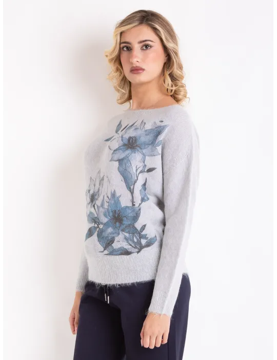 Maglia alpaca grigio perla con stampa fiori azzurri by Volpato