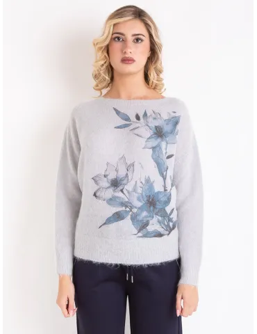 Maglia alpaca grigio perla con stampa fiori azzurri by Volpato