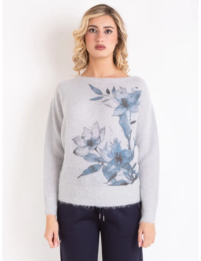 Volpato pearl grey Alpaca Wool Sweater with Blue Floral Print