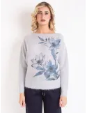 Volpato pearl grey Alpaca Wool Sweater with Blue Floral Print