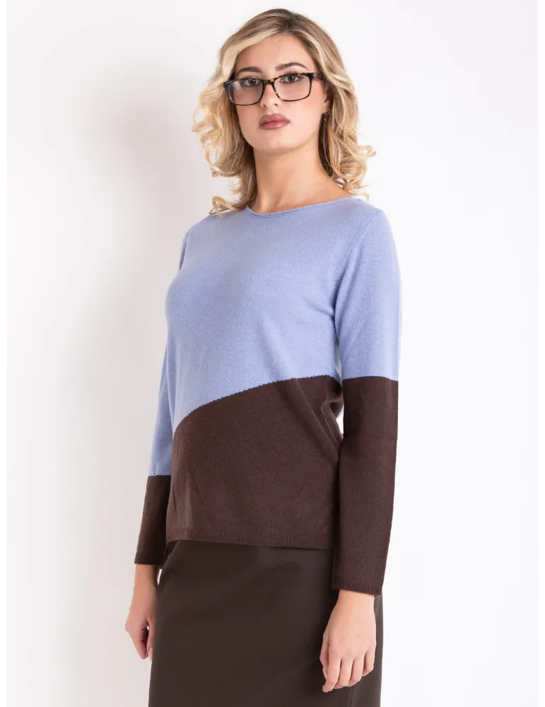 Maglia bicolore celeste e marrone | Frida Madè Luxury Lana & Cashmere