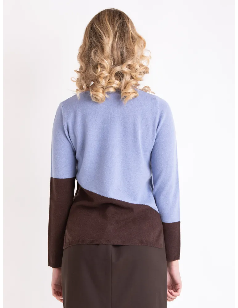 Light blue and brown sweater in cashmere and merino wool