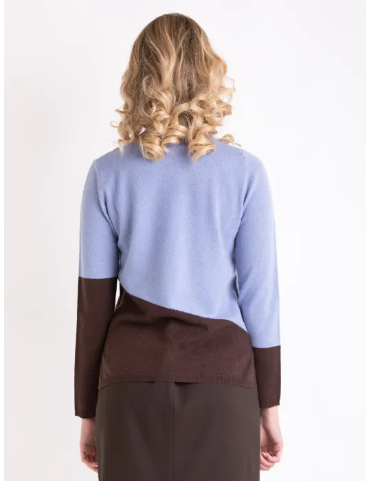 Light blue and brown sweater in cashmere and merino wool