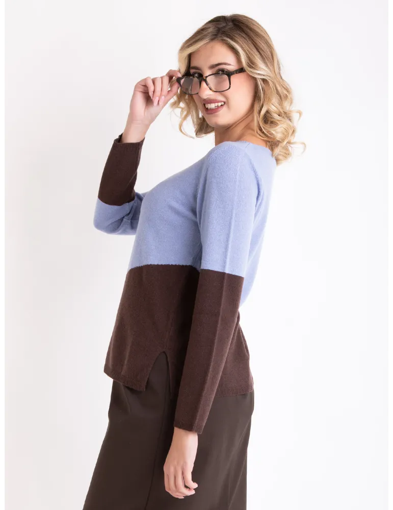 Light blue and brown sweater in cashmere and merino wool