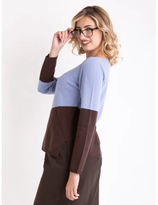 Light blue and brown sweater in cashmere and merino wool