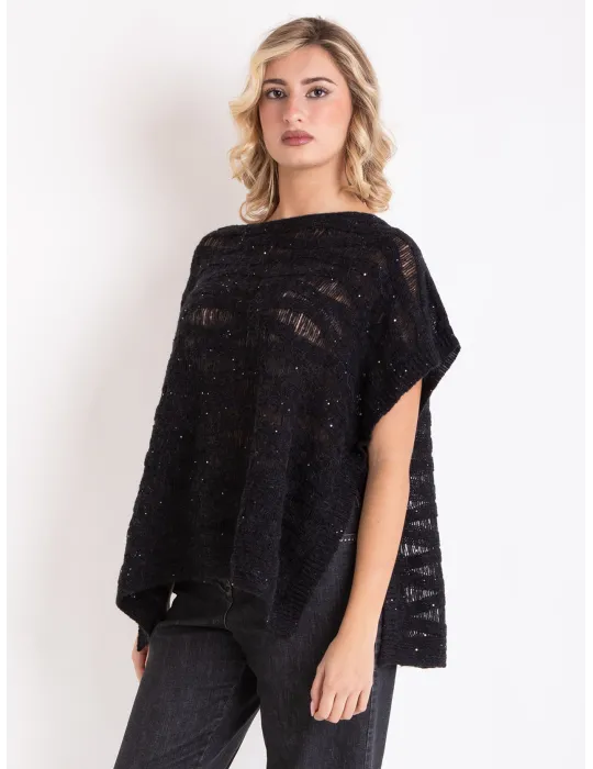 Oversized Black poncho precious wools with micro sequins