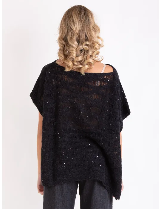 Oversized Black poncho precious wools with micro sequins