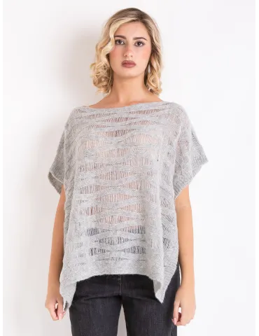 Oversized grey poncho in precious wools with micro sequins