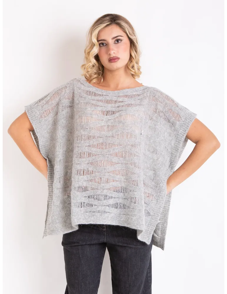 Oversized grey poncho in precious wools with micro sequins