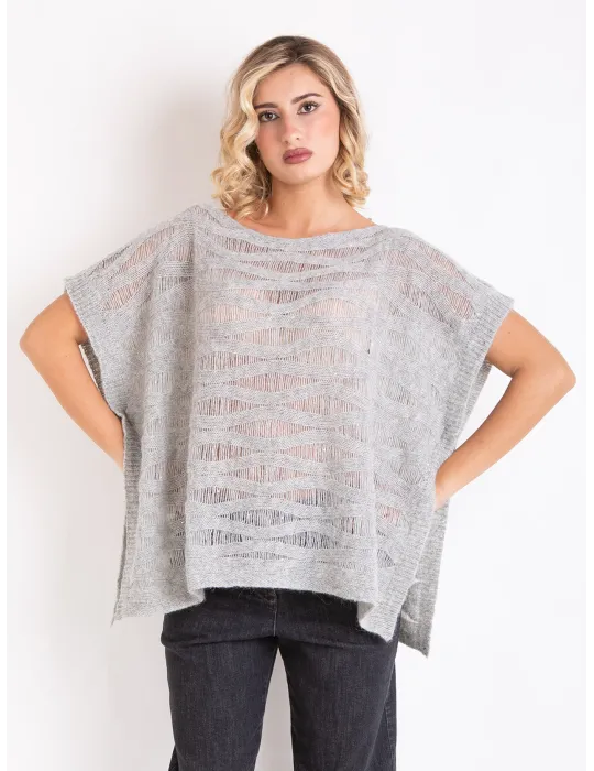 Oversized grey poncho in precious wools with micro sequins