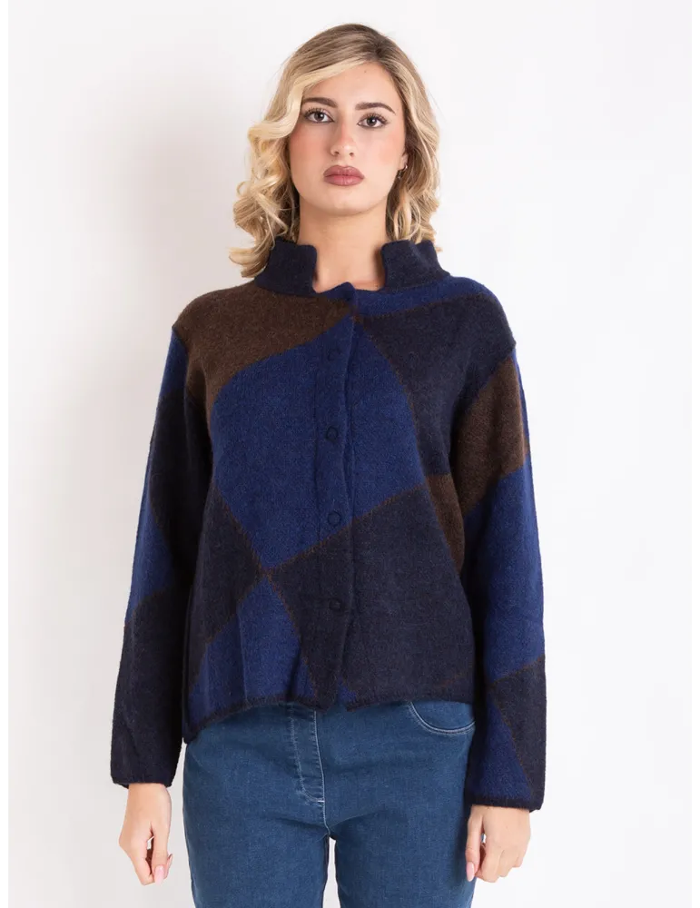 Frida Madè Italy | Blue and brown alpaca and merino wool knitted jacket