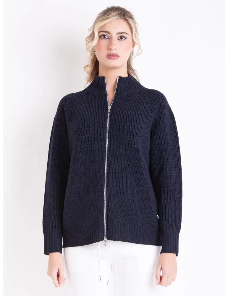 Plus size Navy Blue Merino Wool Zip Cardigan Jacket | Riva Tricot