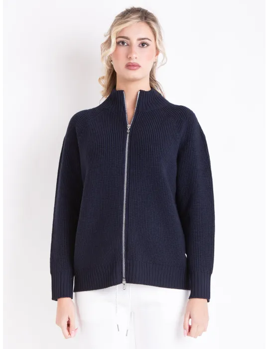 Zip-Up Navy Blue Cardigan Jacket in Pure Merino Wool