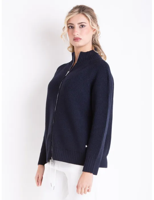 Plus size Navy Blue Merino Wool Zip Cardigan Jacket | Riva Tricot