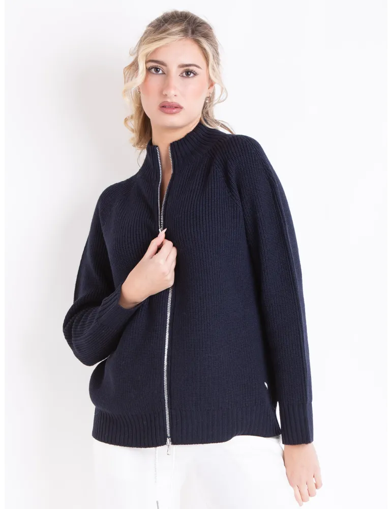 Plus size Navy Blue Merino Wool Zip Cardigan Jacket | Riva Tricot