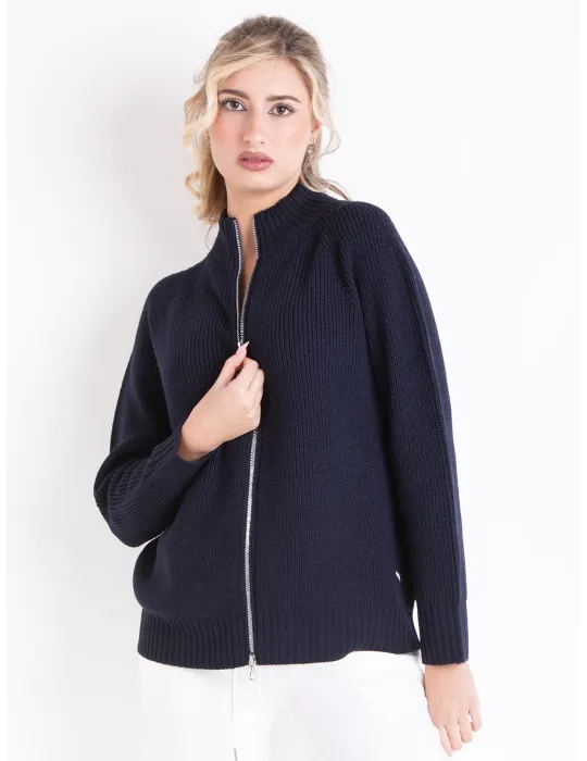 Plus size Navy Blue Merino Wool Zip Cardigan Jacket | Riva Tricot
