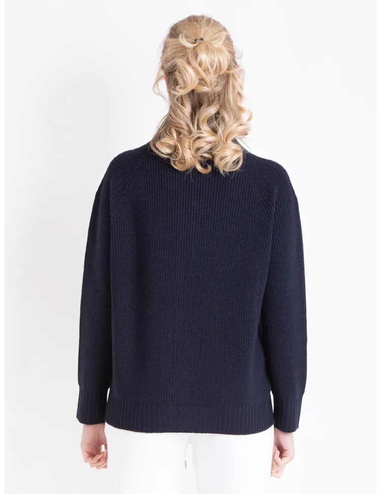 Plus size Navy Blue Merino Wool Zip Cardigan Jacket | Riva Tricot