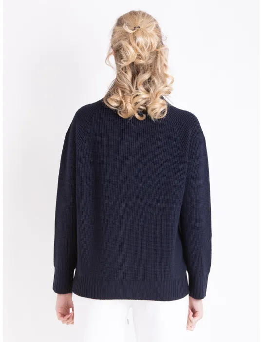 Zip-Up Navy Blue Cardigan Jacket in Pure Merino Wool