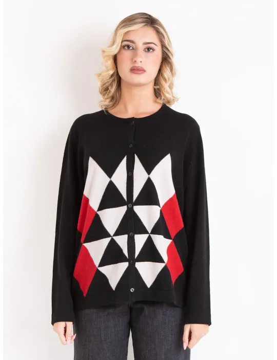 Riva Tricot A/I 2025-26 | Cardigan nero con losanghe rosse fino tg 56