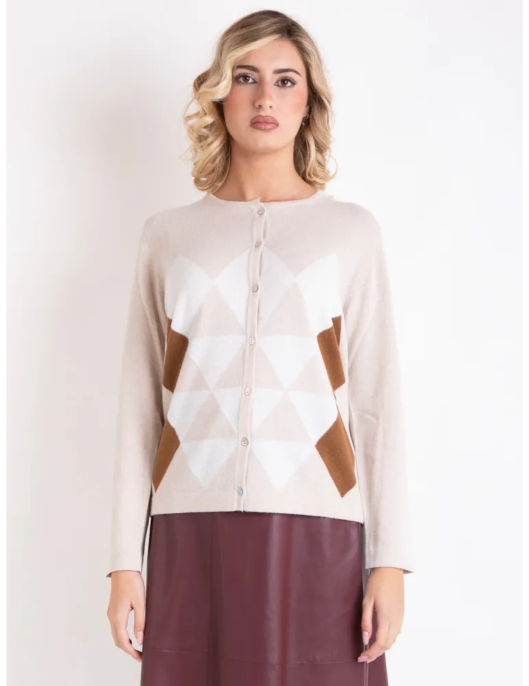 Riva Tricot A/I 2025-26 | Cardigan beige con losanghe cammello