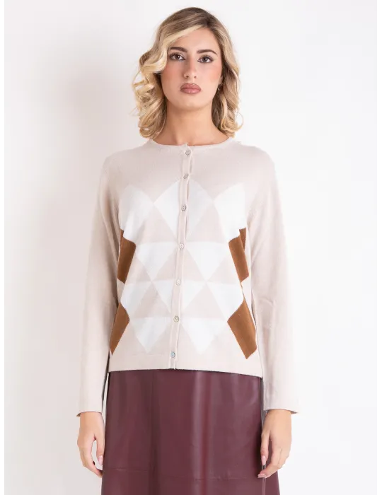 Riva Tricot A/I 2025-26 | Cardigan beige con losanghe cammello