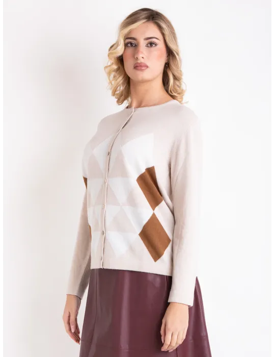 Riva Tricot A/I 2025-26 | Cardigan beige con losanghe cammello