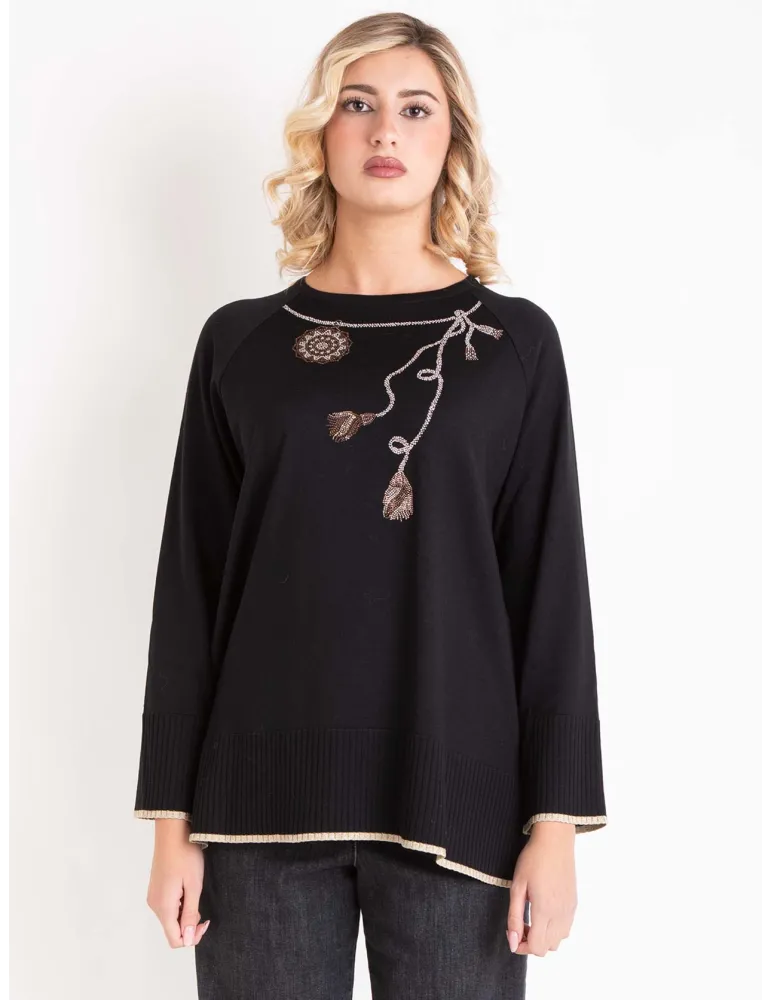 Piero Moretti | Maglia lana maxi pull nero con ricami di strass