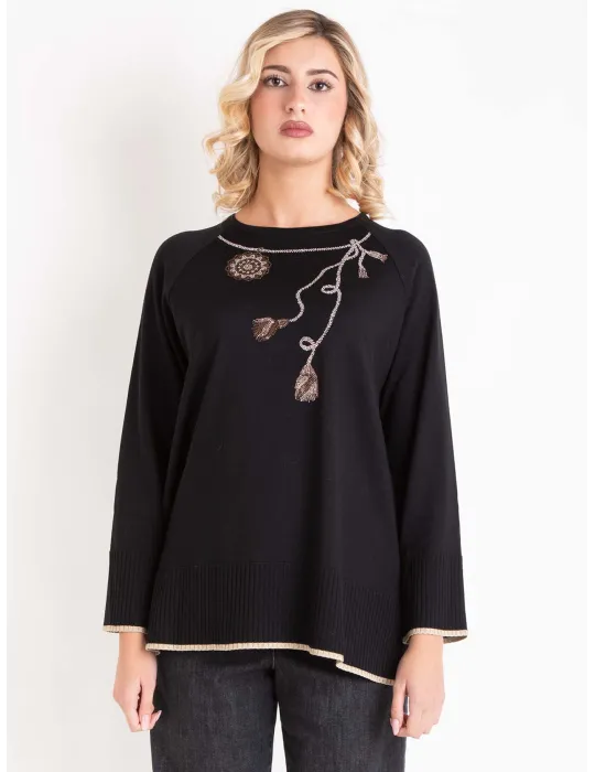 Piero Moretti | Maglia lana maxi pull nero con ricami di strass