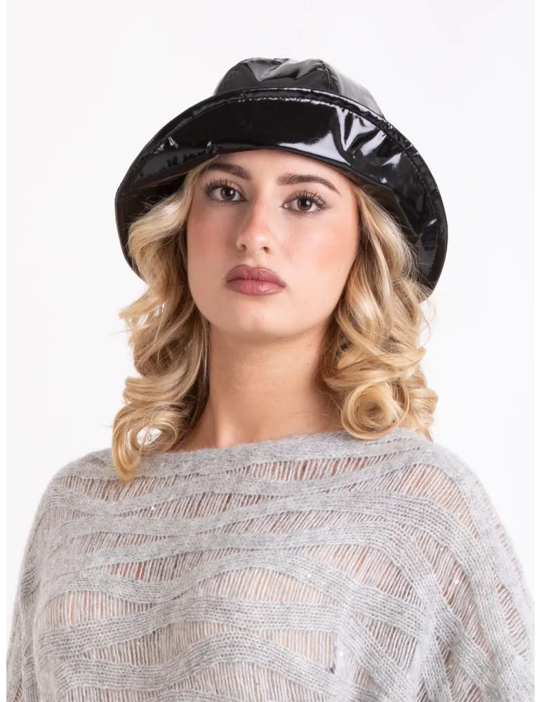 Black Rainproof Cloche Hat in Glossy Fabric by Complit