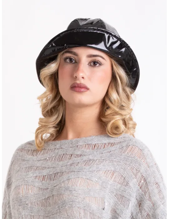 Black Rainproof Cloche Hat in Glossy Fabric by Complit