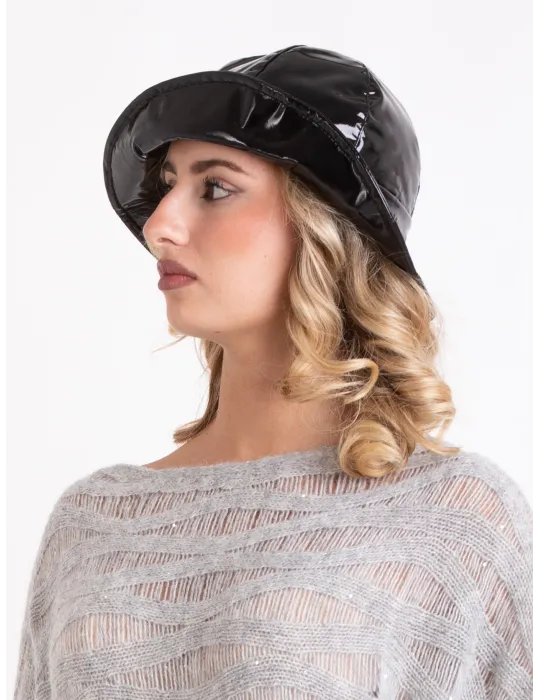 Black Rainproof Cloche Hat in Glossy Fabric by Complit