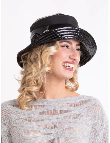 Black Rainproof Cloche Hat in Matte and Glossy Fabric