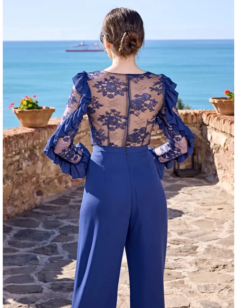 Sonia Pena 1250026 | Elegant blue lace blouse and silk trousers suit