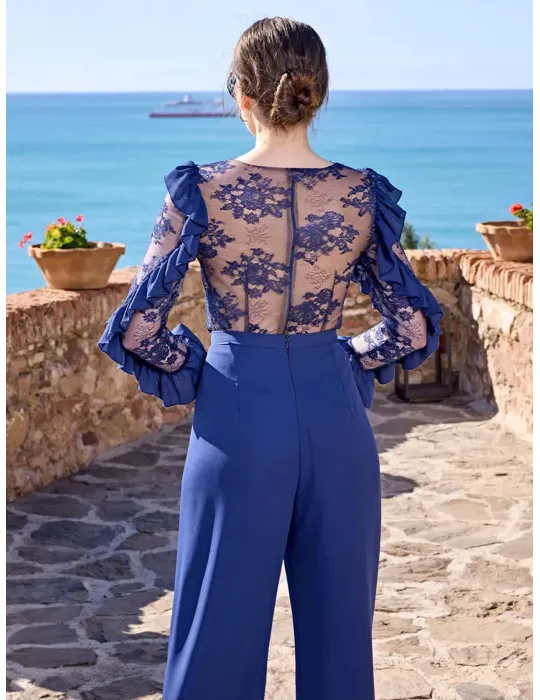 Sonia Pena 1250026 | Elegant blue lace blouse and silk trousers suit