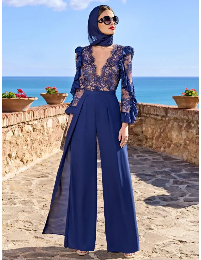 Sonia Pena 1250026 | Elegant blue lace blouse and silk trousers suit